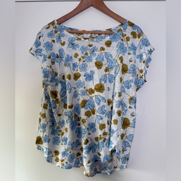 Joie Tops - Joie 100% Linen Short Cap Sleeve Tee Blue Tan Floral on White Cropped Size XL